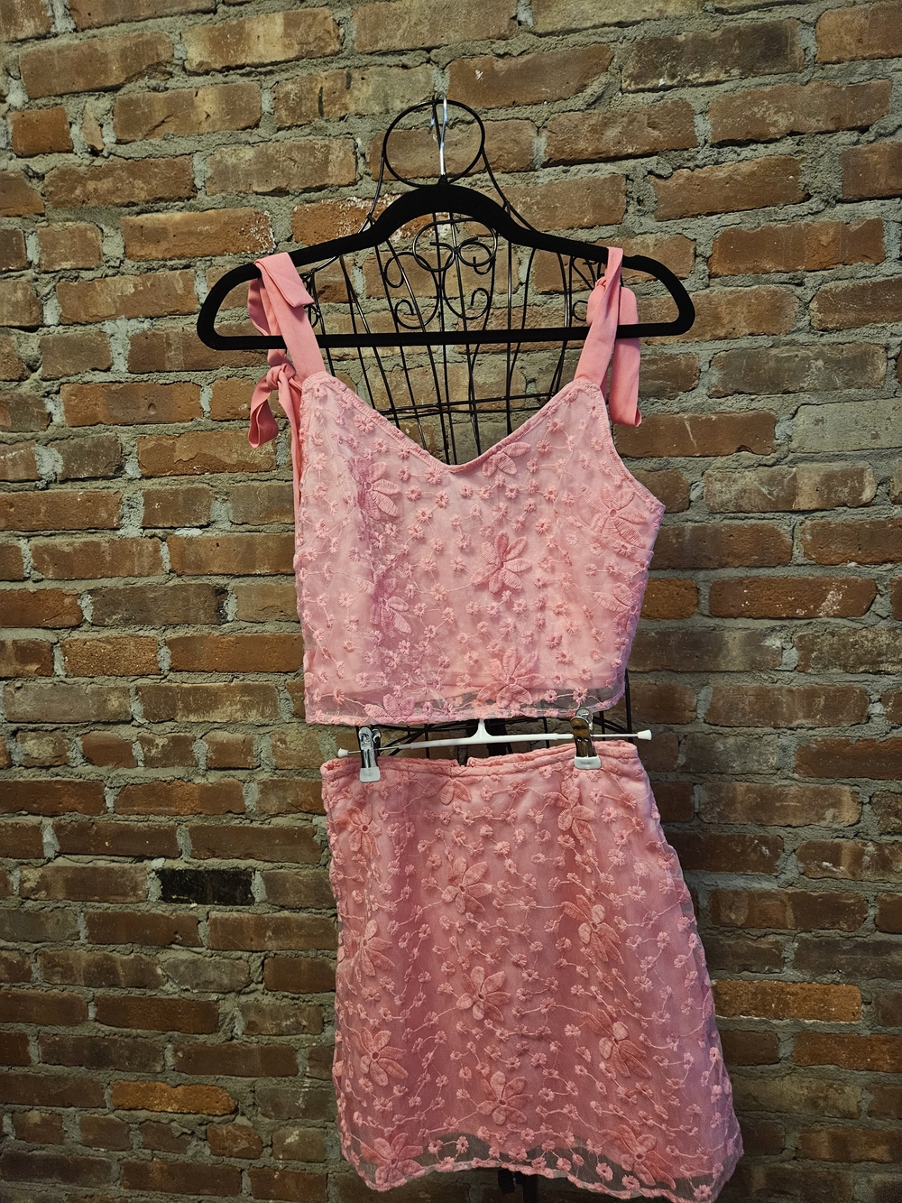 Francesca's Collections Coral Lace Embroidered Tie-Shoulder Crop Top & Skirt Set